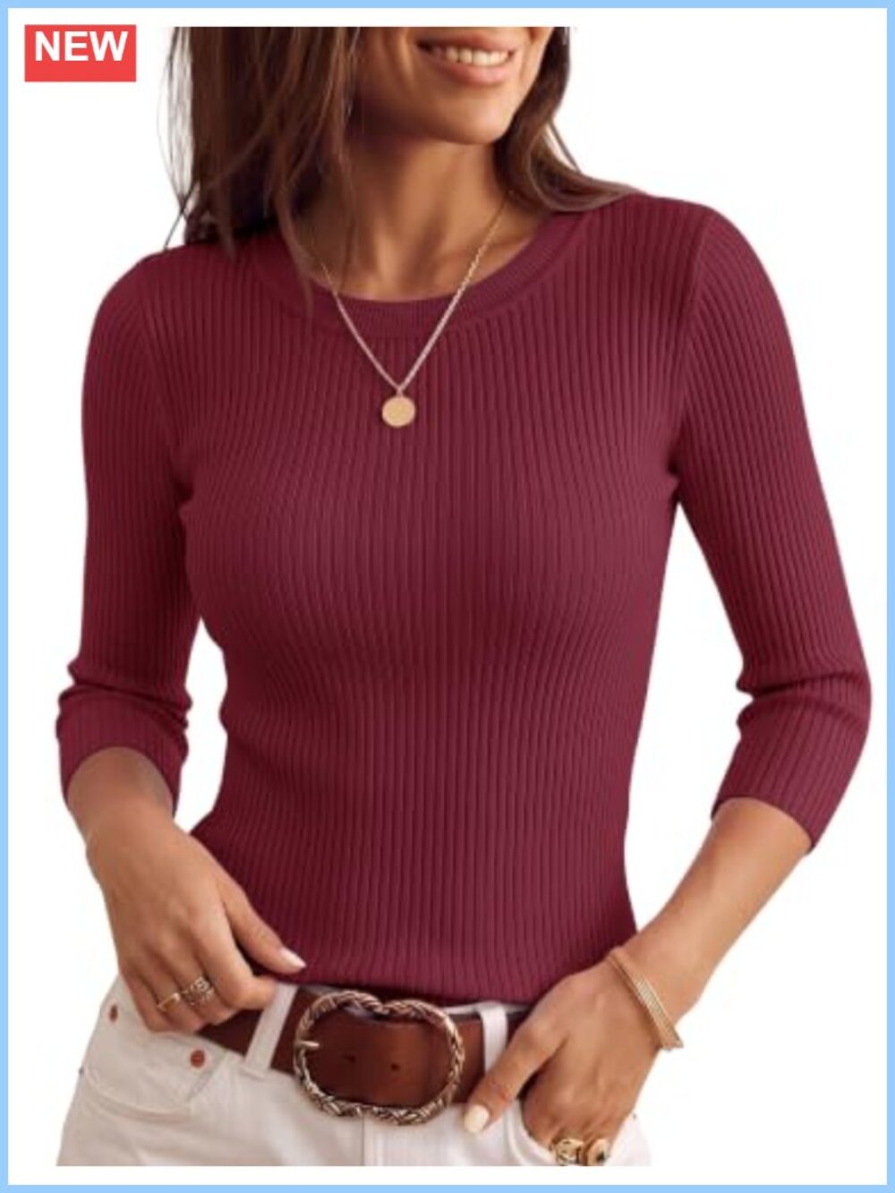 Womens 3/4 Sleeve Knit Pullover Sweater Slim Fit Lightweight Striped
